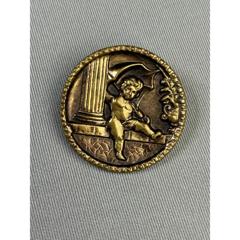 Cherub With Umbrella Antique Metal Loop Picture Button